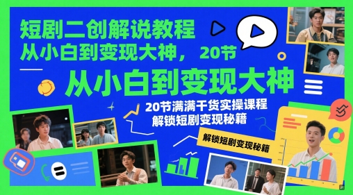短剧二创解说教程，从小白到变现大神，20节满满干货实操课程，解锁短剧变现秘籍-零界教育