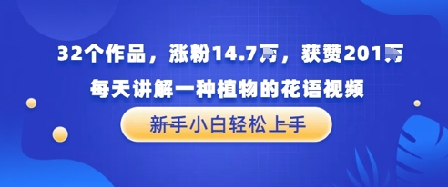 32个作品，涨粉14.7W，获赞201W，每天讲解一种植物的花语视频，无需任何技巧，新手小白轻松上手-零界教育