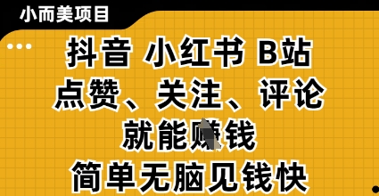 小而美的项目，抖音小红书B站视频点赞、关注、评论就能挣钱，简单无脑立见收益，妥妥的零撸项目【揭秘】-零界教育