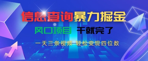 信息查询暴力掘金，一天三条视频，轻松变现四位数，风口项目干就完了【揭秘】-零界教育