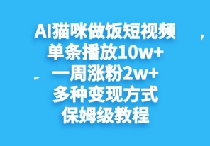 AI猫咪做饭短视频，单条播放10w+，一周涨分2w+，多种变现方式，保姆级教程-零界教育