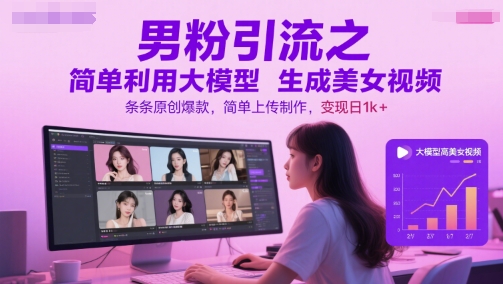 男粉引流之简单利用大模型生成美女视频，条条原创爆款，简单上传制作，变现日1k+-零界教育