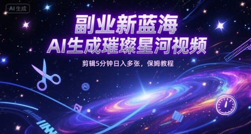 副业新蓝海，AI生成璀璨星河视频，剪辑5分钟日入多张，保姆教程-零界教育