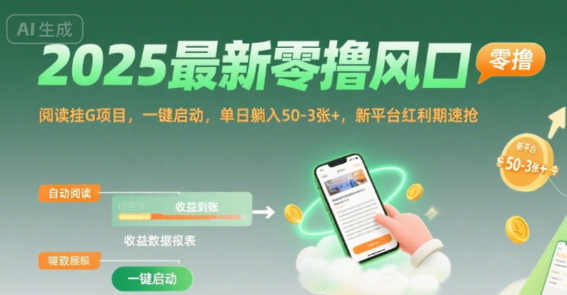 2025最新零撸风口，阅读挂G项目，一键启动，单日躺入 50-3张+，新平台红利期速抢【揭秘】-零界教育