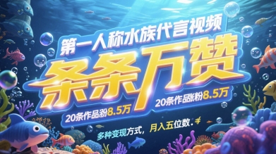 第一人称水族代言视频，条条万赞，20条作品涨粉7.8W，多种变现方式月入五位数-零界教育