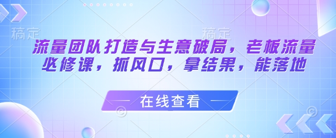 流量团队打造与生意破局，老板流量必修课，抓风口，拿结果，能落地-零界教育