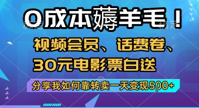0成本薅羊毛!视频会员、话费卷、30元电影票白送，分享我如何靠转卖一天变现5张+【揭秘】-零界教育