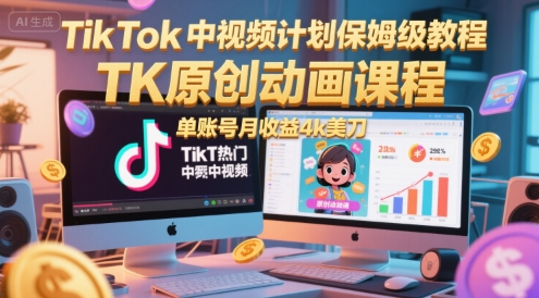TikTok中视频计划保姆级教程，TK原创动画课程，单账号月收益4k美刀-零界教育