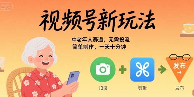 视频号新玩法，中老年人赛道，无需投流，简单制作，一天十分钟，月入1W-零界教育