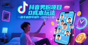 抖音男粉项目0成本玩法，一部手机即可操作，日均4张+，时间自由-零界教育