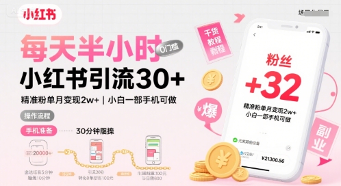 每天半小时小红书引流30+，精准粉单月变现2w+，小白新手一部手机可做，今天5分钟硬核实操-零界教育