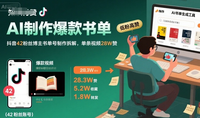 AI制作爆款书单，抖音42粉丝博主书单号制作拆解，单条视频28W赞-零界教育